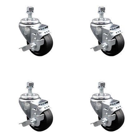 Service Caster 3.5 Inch SS Soft Rubber Wheel Swivel 10mm Threaded Stem Caster Set Brake SCC SCC-SSTS20S3514-SRS-TLB-M1015-4